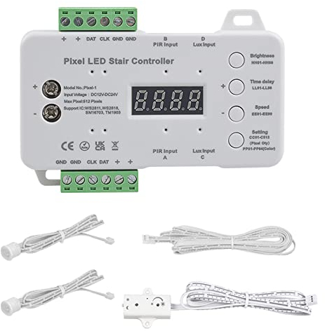 LED Treppenlicht Controller, DC12-24V PIR Bewegungsmelder Treppenlicht Controller mit Tageslichtsensor Geschwindigkeit Helligkei Zeit Pixel Einstellbar (A)