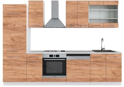 Vicco Küchenzeile Fame-Line, Küchenblock, Goldkraft Eiche/Weiß, 300 cm, AP Marmor
