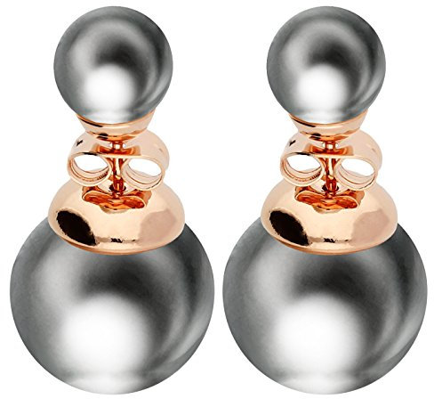 LÖB Ohrstecker Doppel Ohrringe 750er Roségold Vergoldet Zwei Perlen Grau Silber, Damen Perlenohrringe Perlenohrstecker Kugel Kugelohrringe Front Back Rose Gold Schmuck