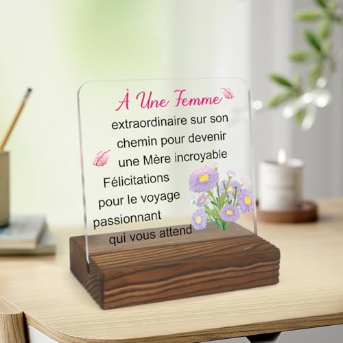 Cadeau Femme Enceinte Cadeau Future Maman Anniversaire Acrylique Plaque avec Base en Bois Cadeau pour Maman Apres Accouchement Noel Cadeau Femme Enceinte Cadeau Grossesse Cadeau Annonce Grossesse
