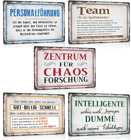 5ER BÜRO SCHILD SET - Retro Arbeit Blechschild mit Spruch Lustig - Team Metallschild Poster Bild Wand-deko Geschenkidee für Büro Firma Mitarbeiter Chef Jobwechsel Kollegen Freunde - DIN A4