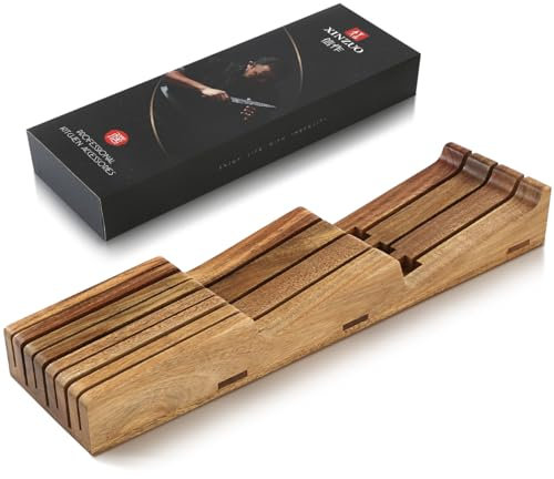 XINZUO Madera de Acacia de Bloque Portacuchillos para Cajones 43,6x11,5x5,3cm Reposacuchillos -Organizador de Cuchillos para Cajón para 3 Cuchillos Largos+4 Cortos (Sin Cuchillos)-Con Caja de Regalo