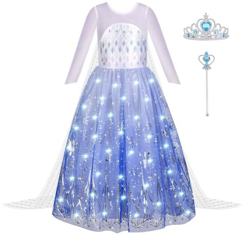 Aomig LED Luminoso Vestito Principessa Bambina, Abito Costume da Principessa, Gonna Elsa di Tulle Elsa Vestito Set da Principessa Ragazze Fancy Dress Halloween Carnevale Cosplay Festa(140)