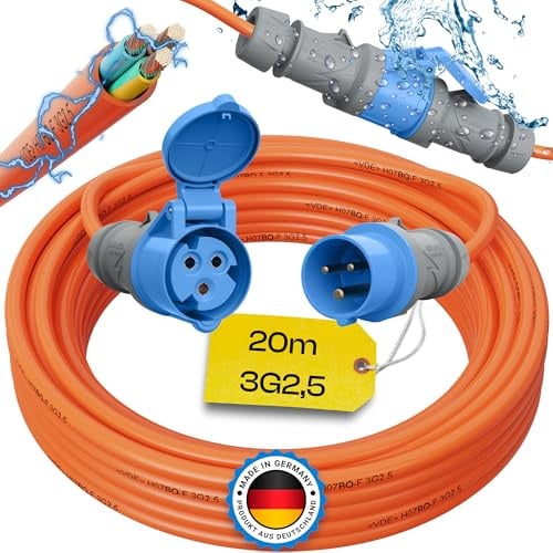 maxgo Camping Stromkabel 20m Wohnwagen Kabel Wohnmobil CEE Stecker Verlängerungskabel Orange 3x2,5 Campingkabel 20 Meter Strom Verlängerung H07BQ-F PUR Outdoor Mennekes