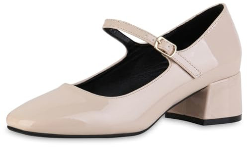 VAN HILL Damen Mary Janes Blockabsatz Lack Klassisch Schuhe 216465 Beige Lack 39