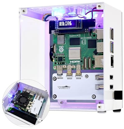Yahboom Raspberry Pi 5 Case, Aluminium Mini Tower Case with Cooling PWM Fan and RGB Colour Changing Mood Light