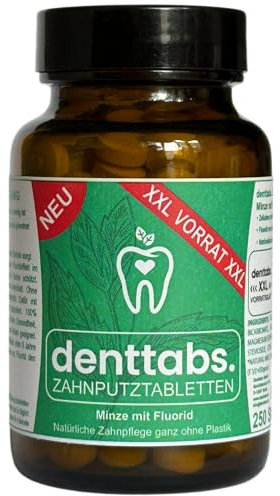denttabs Zahnputztabletten Minze mit Fluorid im XXL Vorratsglas 250 Tabs, ausreichend für 4 Monate natürliche Zahnpflege. Die vollwertige Alternative zu herkömmlicher Zahncreme.