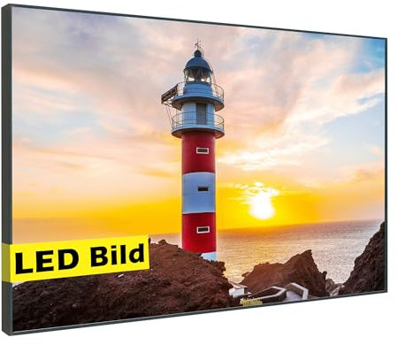 Generisch Leuchtbilder I LED Wandbild Leinwand mit Leuchtrahmen Made in Germany (Leuchtturm am Strand bei Sonnenuntergang, 75x50 cm, Rahmen: Holz Flora)