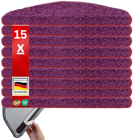 Floordirekt Shaggy-Stufenmatten Barcelona - 15er Set - Treppenmatten in 16 Farben, Strapazierfähig & pflegeleicht, Stufenteppich für Innen (Lila, Halbrund 65 x 23,5 cm)