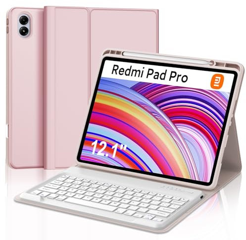 IVEOPPE Teclado Redmi Pad Pro 12.1, Funda Xiaomi Poco Pad 12.1 Pulgadas 2024 con Teclado, Teclado Español Ñ Desmontable Bluetooth para Xiaomi Redmi Pad Pro 12.1 2024, Rosa