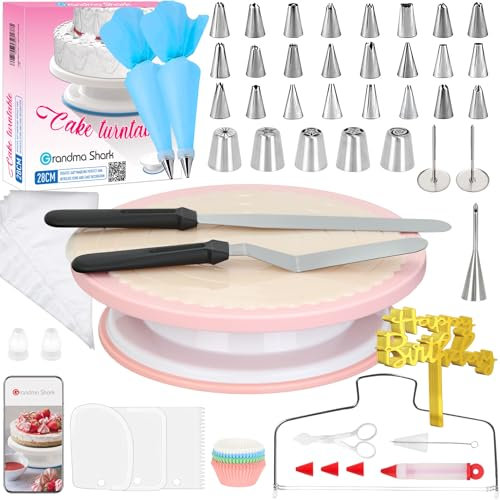Grandma Shark 190 Pcs Cake Decorating Kit with Cake Turntable, Piping Tips and Icing Bags, Acrylic Cupcake Toppers, Professional Cake Decorating Tools with E-Book for Beginners (Pink)