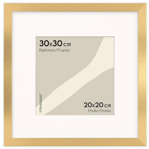 FRAMAI® Bilderrahmen 30x30 cm in Gold– mit Passepartout – MDF Holzrahmen, bruchsicheres Plexi, umweltfreundlich, mit Aufhängung & Ständer – Hochformat & Querformat