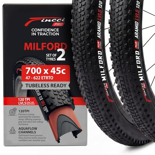 Fincci Milford Gravel Tubeless 700x45c Bike Tyre - Pair TLR Knobby Aramid 700c Tyres 47-622 with 1mm Nylon Puncture Proof - Foldable 28 inch Bike Tires for Trekking Touring, Hybrid Bikes - 120 TPI