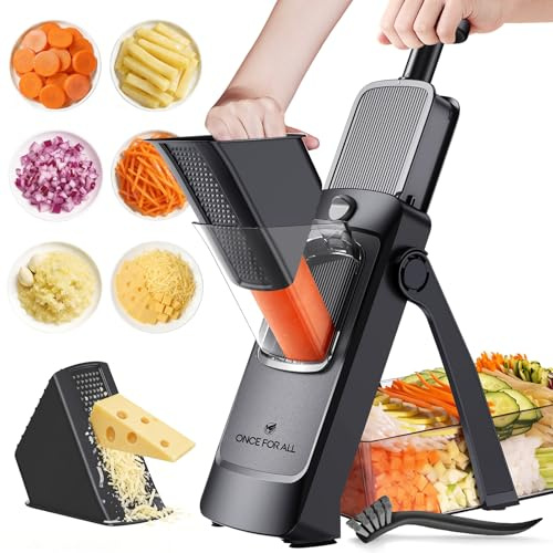 ONCE FOR ALL Safe Mandoline Slicer 5 in 1 Vegetable Chopper | Food Potato Cutter, Strips Julienne Dicer Adjustable Thickness 0.1-8 mm Kitchen Chopping Artifact Fast Meal Prep