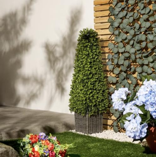 Premier ||Artificial Boxwood Cone Topiary Tree with Wicker Planter, Indoor & Outdoor, UV Resistant, 27x27x90cm||