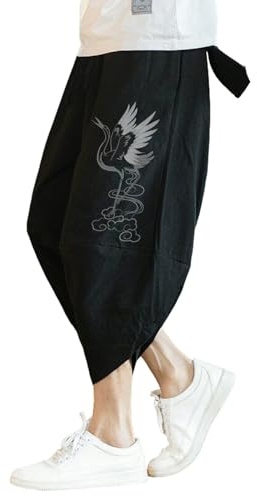 RAOKENSU Pantalon japonais pour homme traditionnel et élégant - Pantalon en lin Hakama surdimensionné - Confortable - Pantalon de sport léger et fin - Pantalon 3/4 pour homme - Pantalon d'été