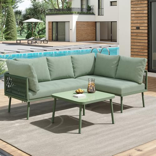 Rvjiahe Garten-Lounge-Set aus Eisen, Gartenmöbel-Set aus grünem Seil, L-förmiges Gartenmöbel-Set, Lounge-Set aus grünem Seil mit Sitzkissen, verstellbaren Füßen, 2 Sofas und 1 Tisch (Grün)