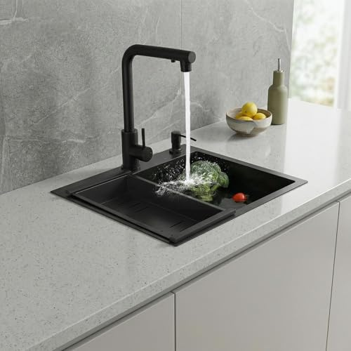 Fregadero de cocina de acero inoxidable, base 1 lavabo con escurridor, 46 x 35 cm, nano-revestimiento, con dispensador, sifón, cesta, multifuncional