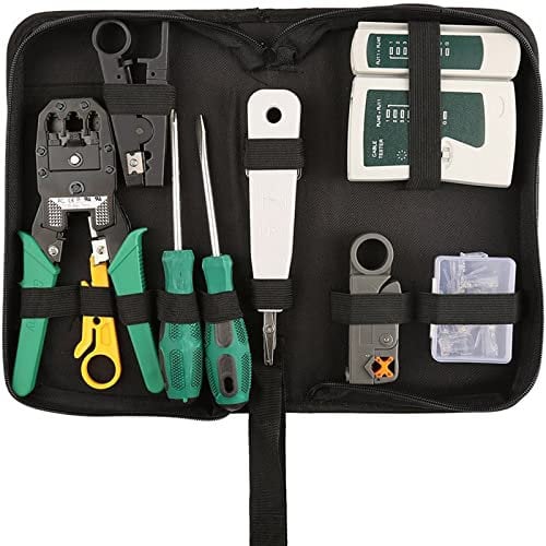 Hiija Network Tool Kits Professional Network Maintenance LAN Cable Tester, RJ45 Crimper 9 in 1 Repair Tools RJ45 Crimp Tool, 8P8C RJ45 Connectors, Cable Tester, Screwdriver, Stripping Pliers
