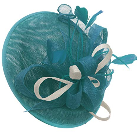 Caprilite Teal Turquoise and Cream Ivory Sinamay Big Disc Saucer Fascinator Hat for Women Weddings Headband