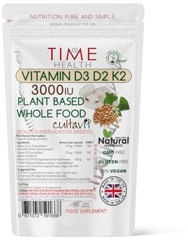 Vitamin D3, D2, K2, Natural Wholefood Plant Based 3000IU - Zero Additives - Pullulan (120 Capsule Pouch)