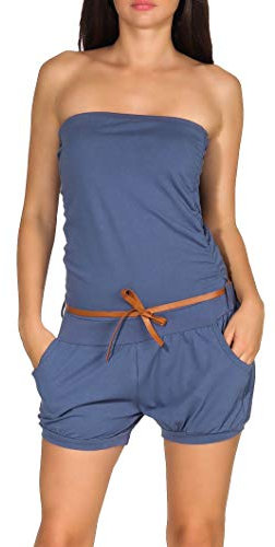 malito - Damen Jumpsuit - Einteiler mit Gürtel & Taschen - Bandeau Sommer Overall - kurzer trägerloser Playsuit - unifarbener Romper 8964 (Jeansblau)