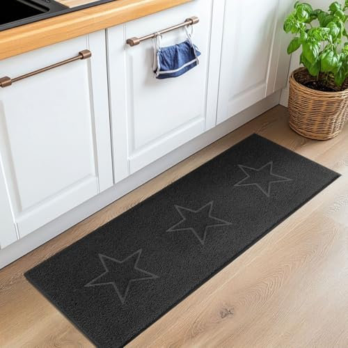 Nicoman Star Shape Embossed Entrance Door Mat Non Slip Dirt Trapper PVC Spaghetti Mat with Rubber Base, Jet Washable Quick Drying Doormat Watertight Indoor or Outdoor - (Runner, Black, 150 x 60cm)