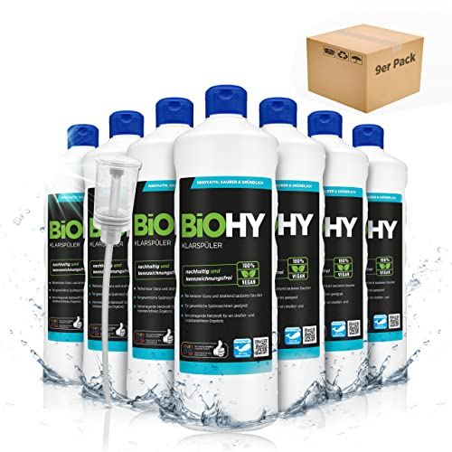BiOHY Klarspüler (9 x 1 Liter) + Dosierer | Bio Geschirrspülmittel | ideal für alle Spülmaschinen | EXTRA STARKER Fettlöser für Gastronomie & Haushalt | frischer Glanz auf Glas & Geschirr