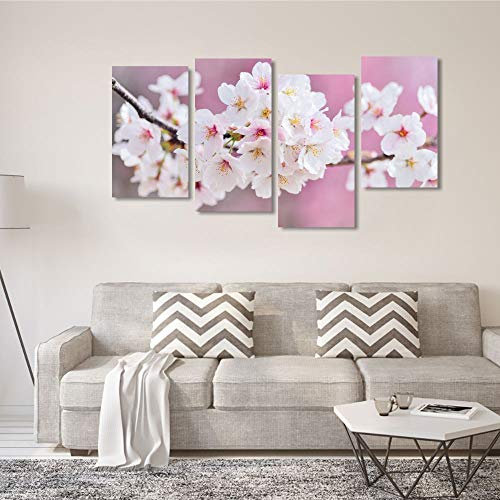 Quadri L&C ITALIA Fiori di Pesco 4 - Quadro con Fiori Moderni Rosa Bianchi per Soggiorno Camera da Letto Ufficio 152 x 78 Stampa su Tela da Parete 4 Pezzi Grandi