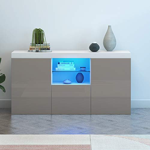 Panana Sideboard Storage Cupboard High Gloss Front Cabinet RGB Multicolor LED Lighting with 3 Doors and Shelves White and Grey