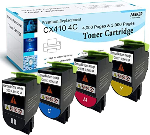 Aseker Kompatibler Tonerkartusche für Lexmark CX410de CX410dte CX410e CX510de CX510dthe CX510dhe Drucker, Hohe Ausbeute 4000 & 3000 Seiten, 80C2HK0 80C2HC0 80C2HM0 80C2HY0 ( BK/C/Y/M ）