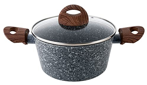 Florina Granite Casseruola Alta a Induzione 28cm, 6,1 Litri, Alluminio, Coperchio in Vetro, Antiaderente Granito senza PFOA, Manici in Simil Legno, Adatto a tutti i Fornelli, Vitroceramica, Gas