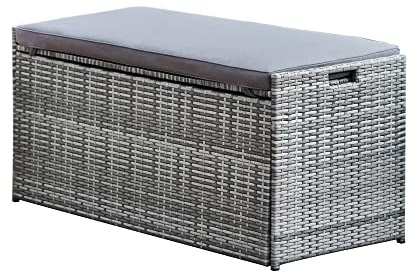 Teamson Home Gartenmöbel, 2 In 1 Korb Rattan 336 Liter Große Aufbewahrungsbox & Sitzbank mit Kissen, Wetterbeständig, Grau