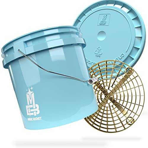 MAGIC BUCKET | Auto Handwäsche Bundle | Wascheimer mit passendem Eimer Deckel 3,5 US GALLONEN ca. 13 Liter | Mit Grit Guard Eimereinsatz Schmutzsieb | Waschset Baby Blau/Gold