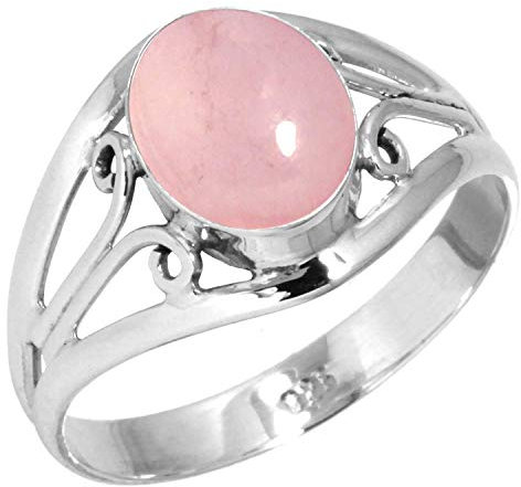 Jeweloporium Bague en argent sterling 925 avec quartz rose, taille 58, pour femme, bijou bohème ovale en pierre précieuse