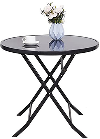 The Fellie Garden Table Outdoor Dining Table Tempered Glass Top Coffee Table Folding Patio Side Table(Round Folding-80x80x70cm)
