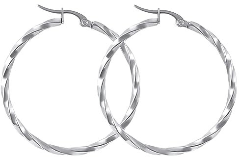 day.berlin Damen Creolen Twisted in Silber, Ohrringe gedreht 35mm Durchmesser 2mm stark, 316L Edelstahl nickelfrei und wasserfest