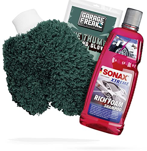 detailmate Autowäsche Bundle - Autoshampoo SONAX Xtreme RichFoam Shampoo 1L + Garage Freaks One Thumb Washing Glove - Autopflege Set mit Waschhandschuh und Auto Shampoo