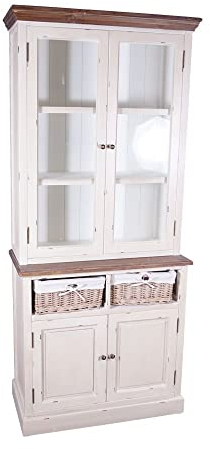 Landhausmöbel Vitrinenschrank Marseille Buffet Holz Glas 2 Schubladen Vintage Look Creme weiß - Landhaus