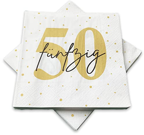 20 Servietten zum 50. Geburtstag 33x33 cm - weiß gold schwarz