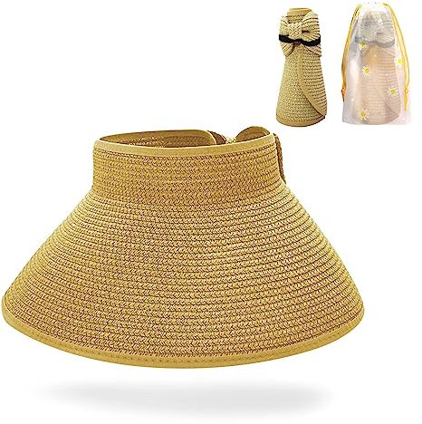 MUNSKT Chapeau de Paille Pliable avec Sac de Rangement Daisy, Chapeau d'ombrage à Large Bord ou Chapeau de Plage à Queue de Cheval, Chapeau de Soleil Portable sans Rouleau supérieur pour Femmes