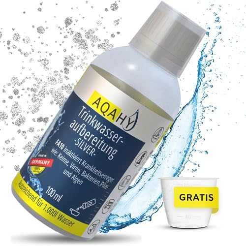 AQAHY Trinkwasseraufbereitung Silver ohne Chlor - (100 ml) für 1000 l Wasser - Inaktiviert Keime, Viren und Bakterien - Silberionen für sicheres Trinkwasser | Camping, Wohnmobil, Outdoo