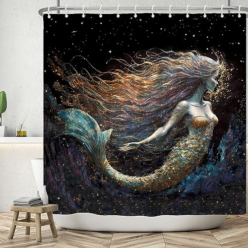 ASDCXZ Meerjungfrau Duschvorhang 180x200 cm, Modern Kunst Glitzer Meerjungfrau Bad Waschbar Duschvorhänge Polyester Textil Wasserdicht Badevorhang für Badewanne mit 12 Haken