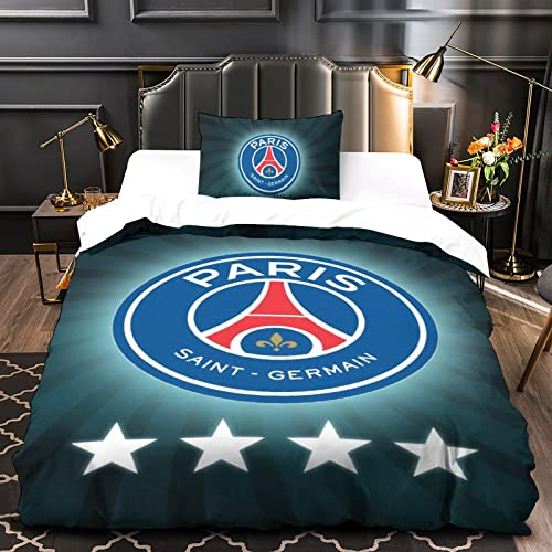 HESHS Paris St German PSG Bettwäsche Single(135x200cm) Set Von 3 Mit 3D Fußball Motiv Bettbezug Sets 3-teilige Mikrofaser Bettwäsche Kinder Mit Für Kinder, Erwachsene