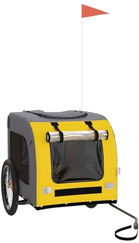 vidaXL Fahrradanhänger für Hunde, Hundeanhänger mit Reflektoren Flagge, Hundetransporter Maximale Belastbarkeit 45kg, Gelb Grau Oxford-Gewebe Eisen