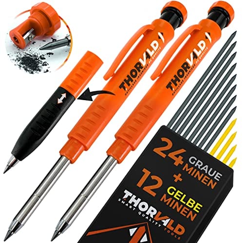 THORVALD 2 matite professionali espandibili (+ 38 mine multimediali + mina + impugnatura facile da scrivere) supporto per carpentiere fai da te disegno su legno, metallo, cemento, piastrelle