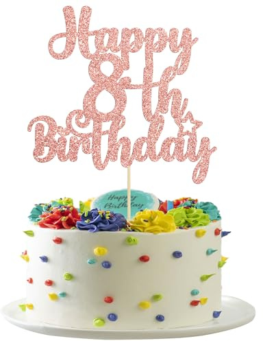 Gyufise 1Pc Happy 8th Birthday Cake Topper - Glitter 8 & Fabulous Cheers to 8 Years Old - Cake Pick for Celebrating Anniversary Party Decorations Supplies - Rose Gold