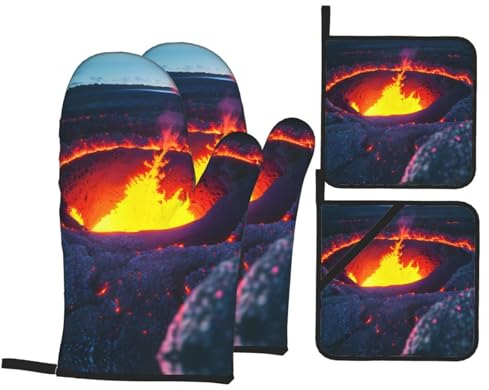 Rutschfeste Handschuhe und Grillhandschuhe - Isolierte Ofenhandschuhe und Stoffhalter Set zum Backen, Grillen und Kochen Kilauea Vulkan