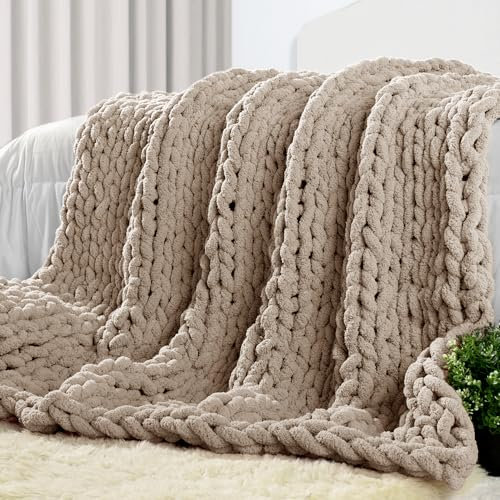 Carriediosa Chunky Knit Throw Blanket 50 X 60, 100% Hand Made Large Chenille Loop Yarn Soft Fluffy Throws for Couch Sofa Bed, Big Crochet Cozy Heavy Thick Cable Woven Blanket, Taupe