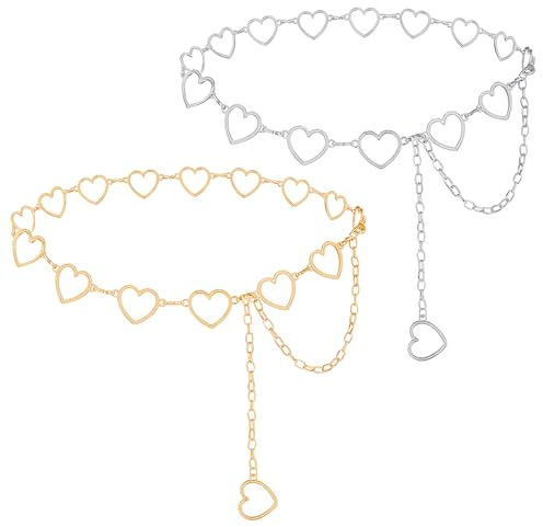TIESOME Ketten Gürtel für Damen, 2 Stück Pfirsich Herz Anhänger Link Gürtel Verstellbare Legierung Kette Metall geflochtene Gürtel Damen Körperkette Metall Bauchkette für Kleid Jeans Mantel